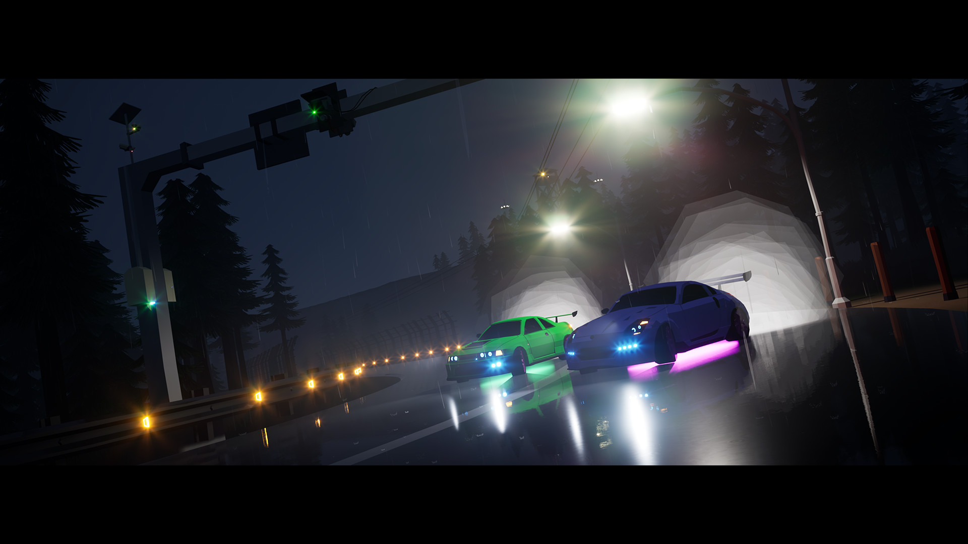 A stylised low-poly city street in N31, with flat-shaded cars and a saturated colour palette