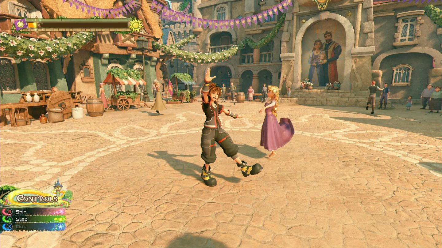 A Disney world in Kingdom Hearts III — flat warm lighting, simplified storybook architecture, characters and set built to the same stylised rules