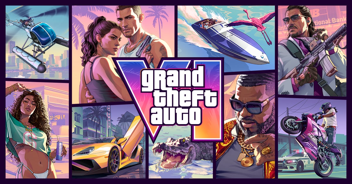 Grand Theft Auto VI key art: a collage of characters, vehicles and Leonida scenes around the VI logo