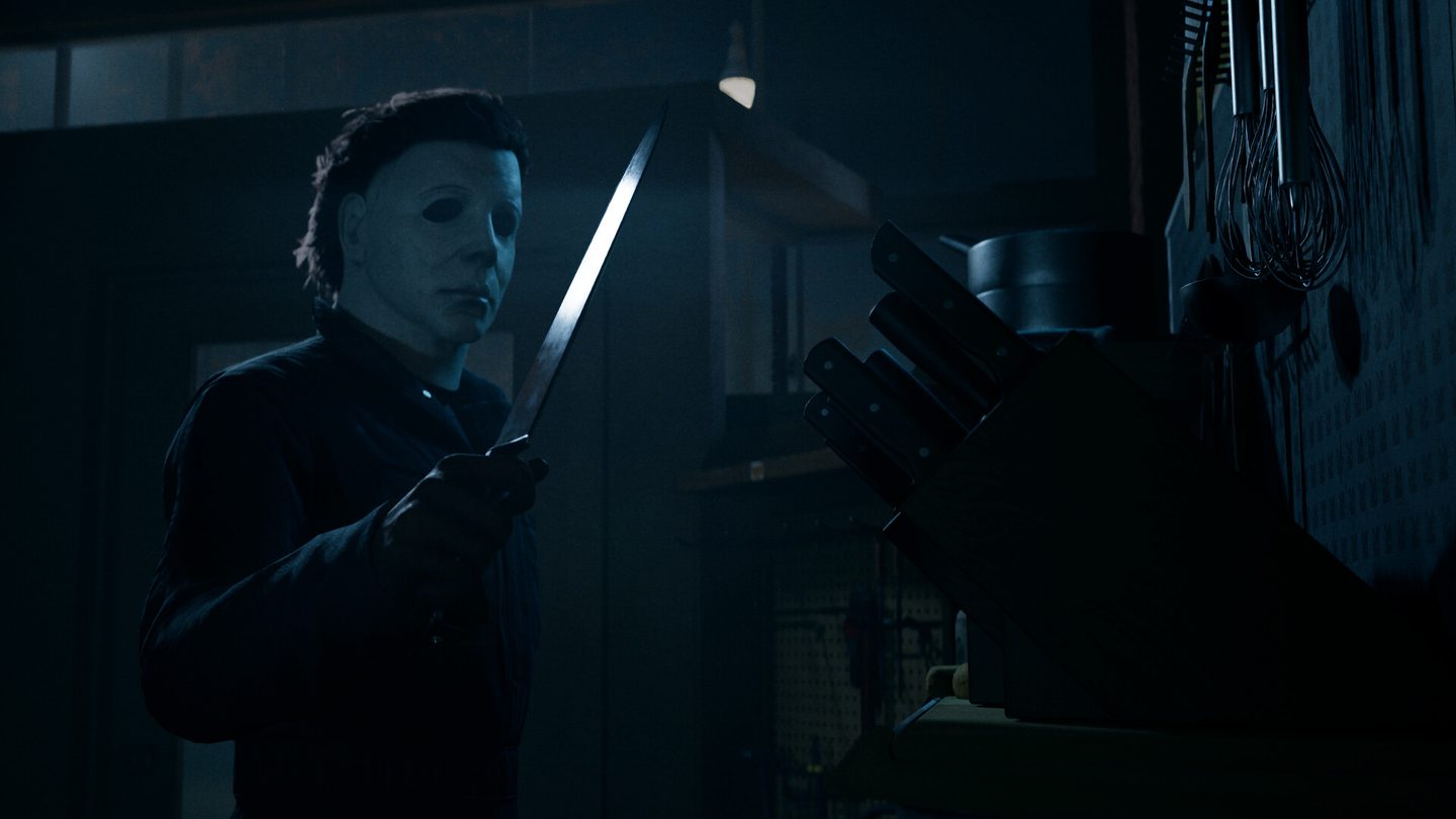 Michael Myers stalking a Haddonfield street at night