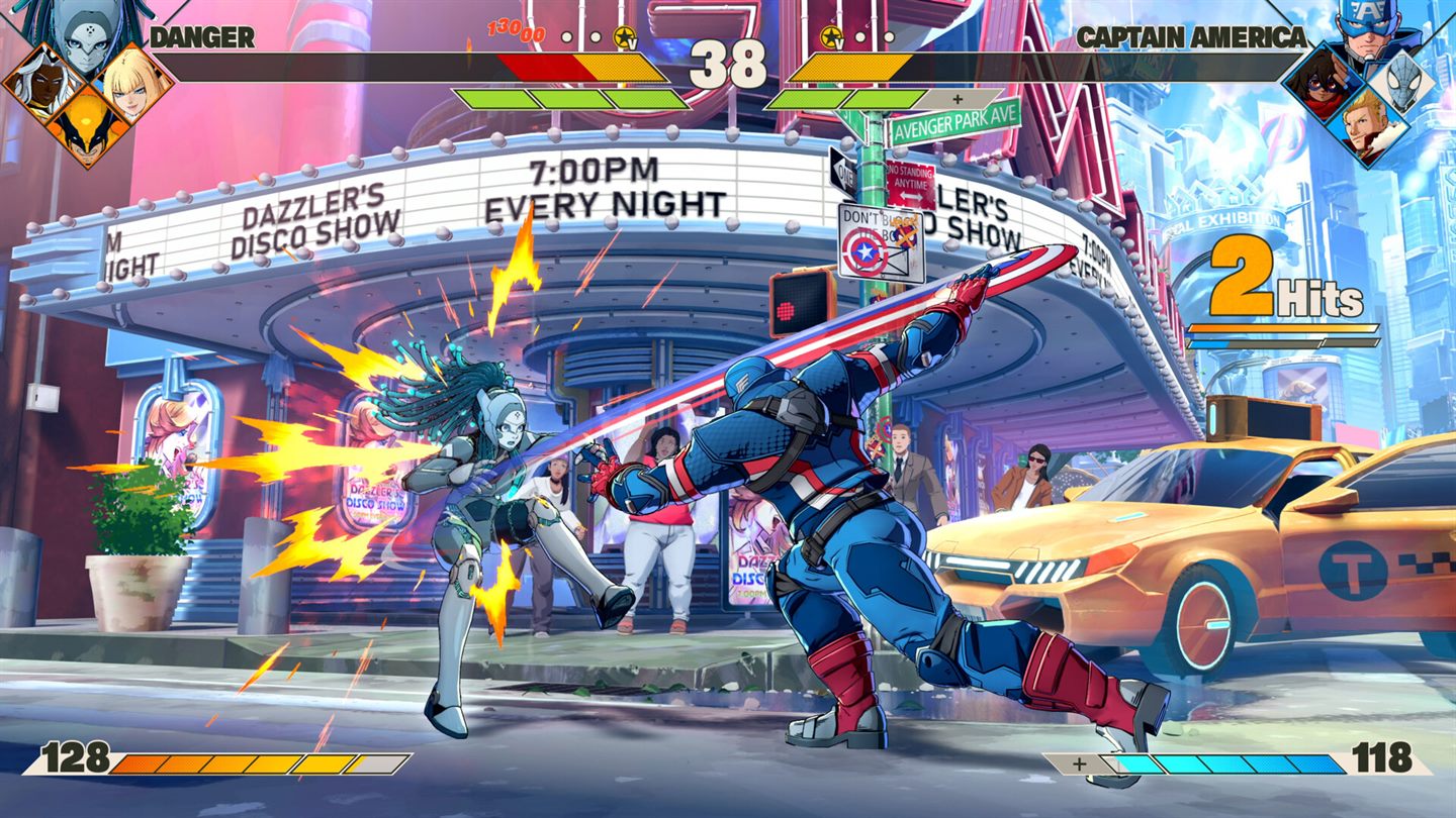 Danger and Captain America mid-combo on a New York street stage, with both four-character team portraits framing the top corners of the screen