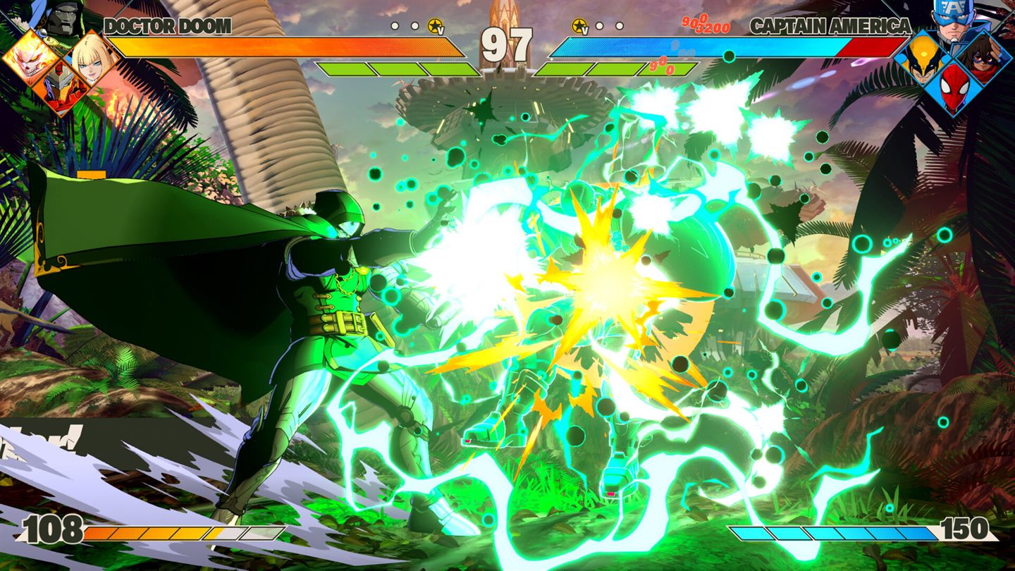Doctor Doom firing a full-screen super, the arena almost entirely obscured by green energy, particle sparks and impact flashes