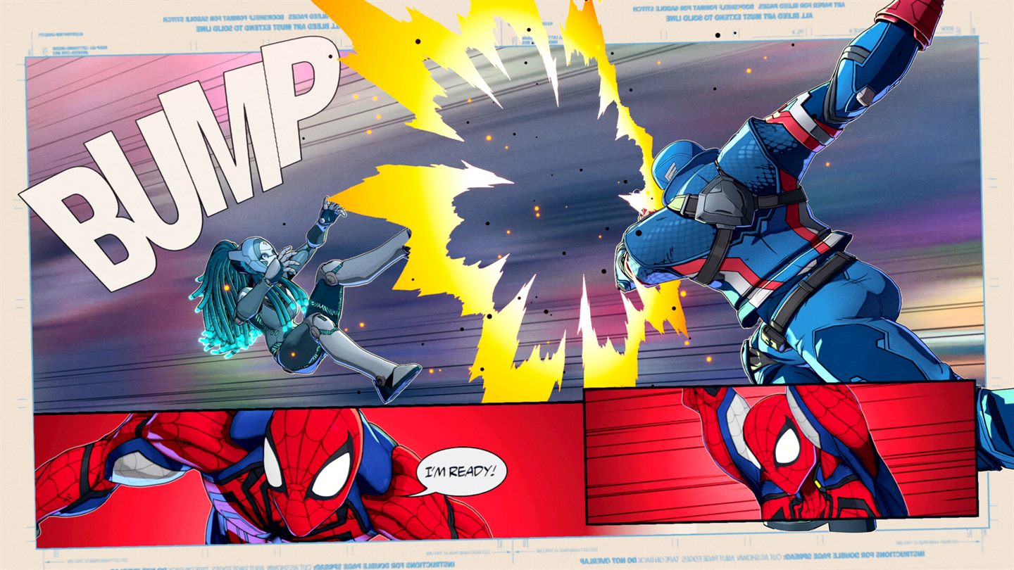A comic-book page transition: Danger sent flying by Captain America inside a full-bleed panel, with Spider-Man reacting in two smaller panels below and printer's marks along the edges