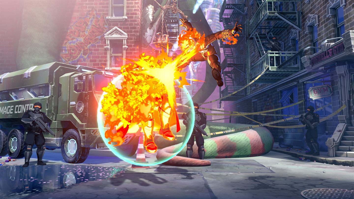 Ghost Rider fighting outside Fogwell's Gym on a street cordoned off by Damage Control, with armed agents watching from behind the tape