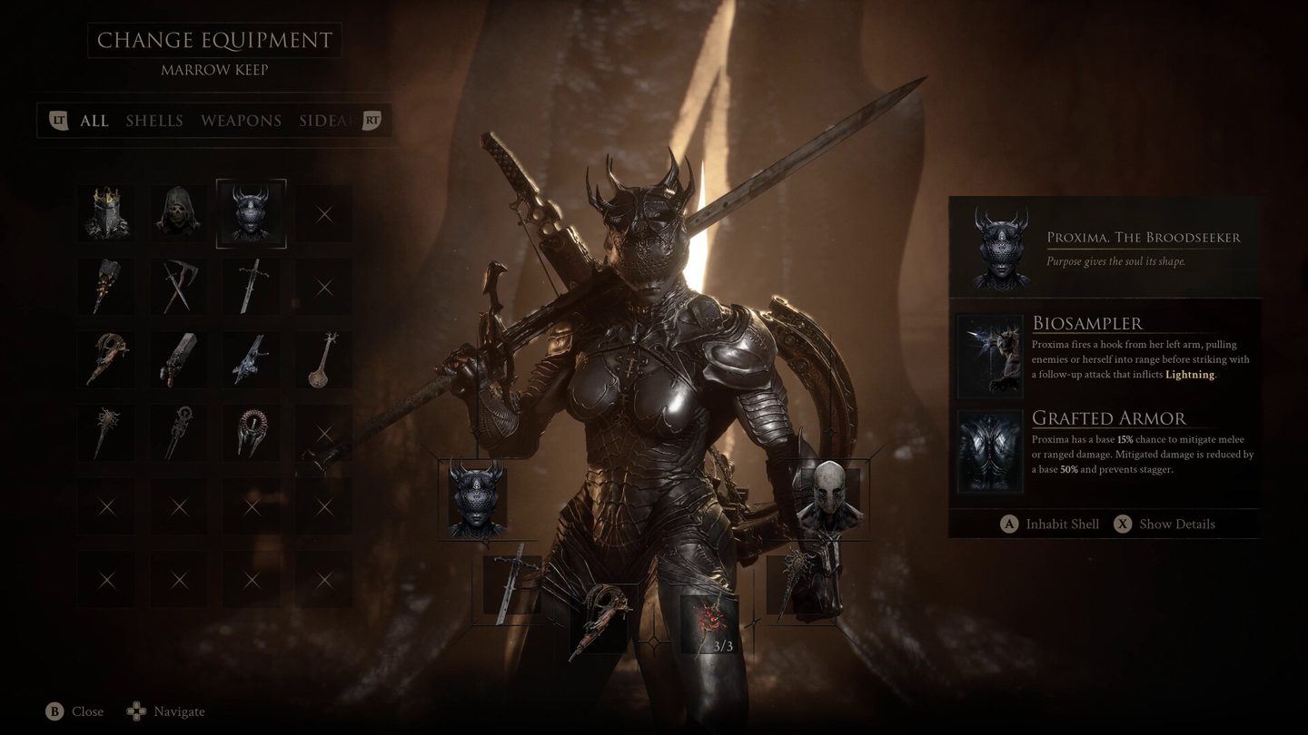 The Mortal Shell II equipment screen, showing Proxima the Broodseeker in ornate dark armour against a warm backlit background