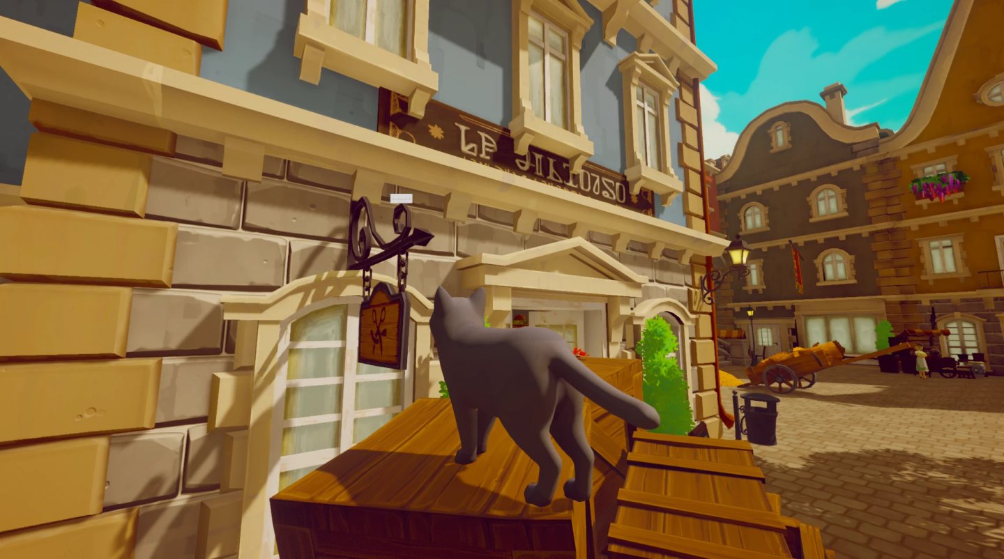 A grey cat stands on wooden crates beside a shop entrance in Pawbay, with a small white jump marker floating above the hanging sign