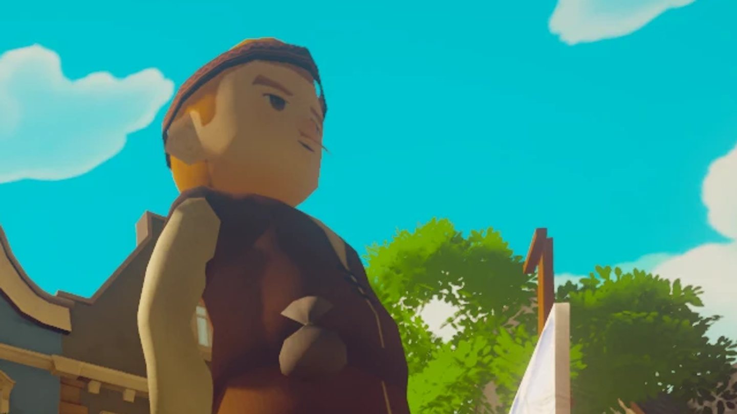 Close view of a Pawbay townsperson from below: an angular face with painted eyes, a knitted cap and blocky hands holding a coin pouch