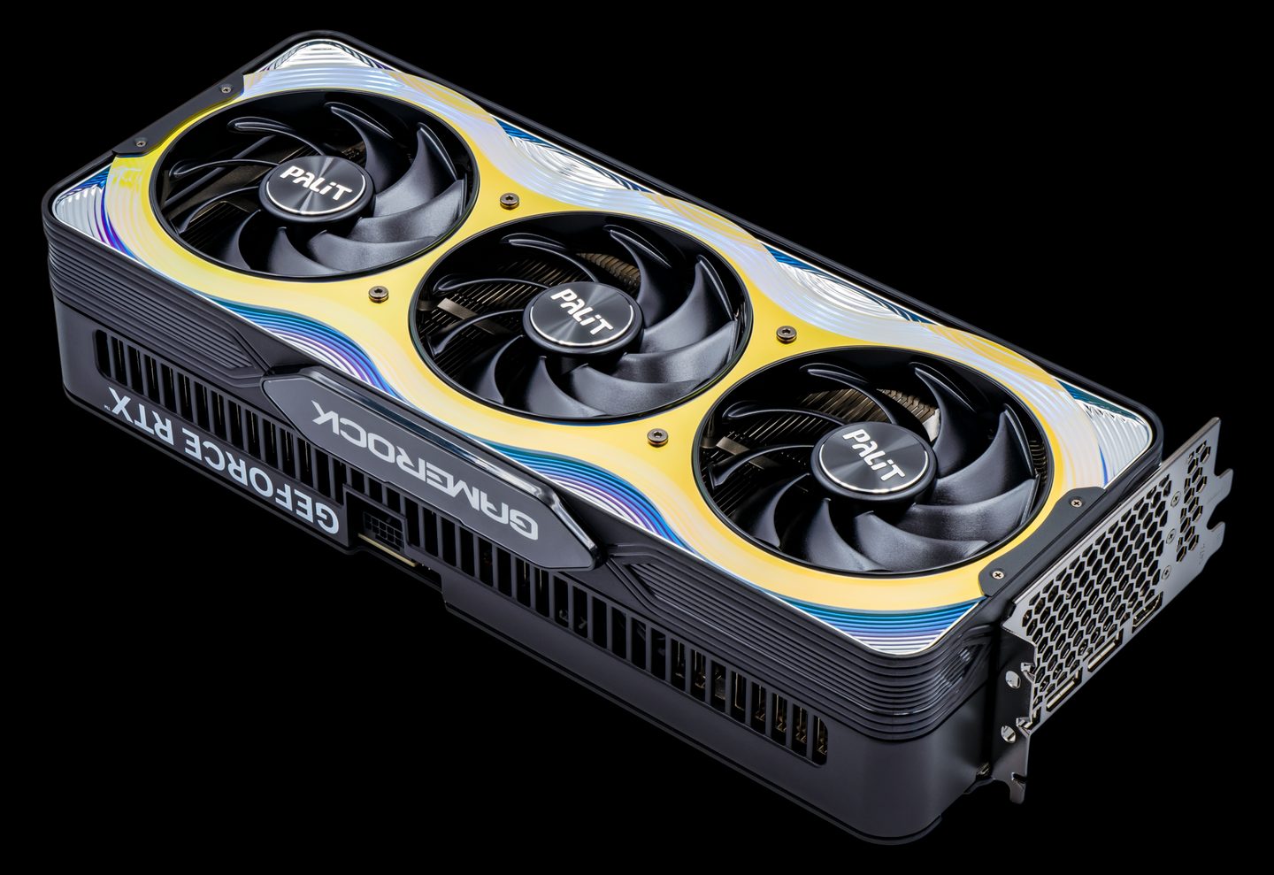A Palit GeForce RTX 5090 GameRock, a triple-fan partner card, shot against black